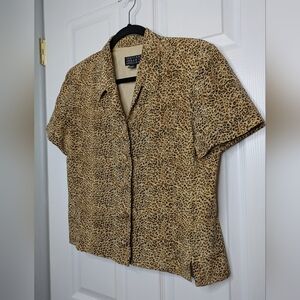 Vintage 90s Silk Leopard Animal Print Button Down Short Sleeve Blouse 8P